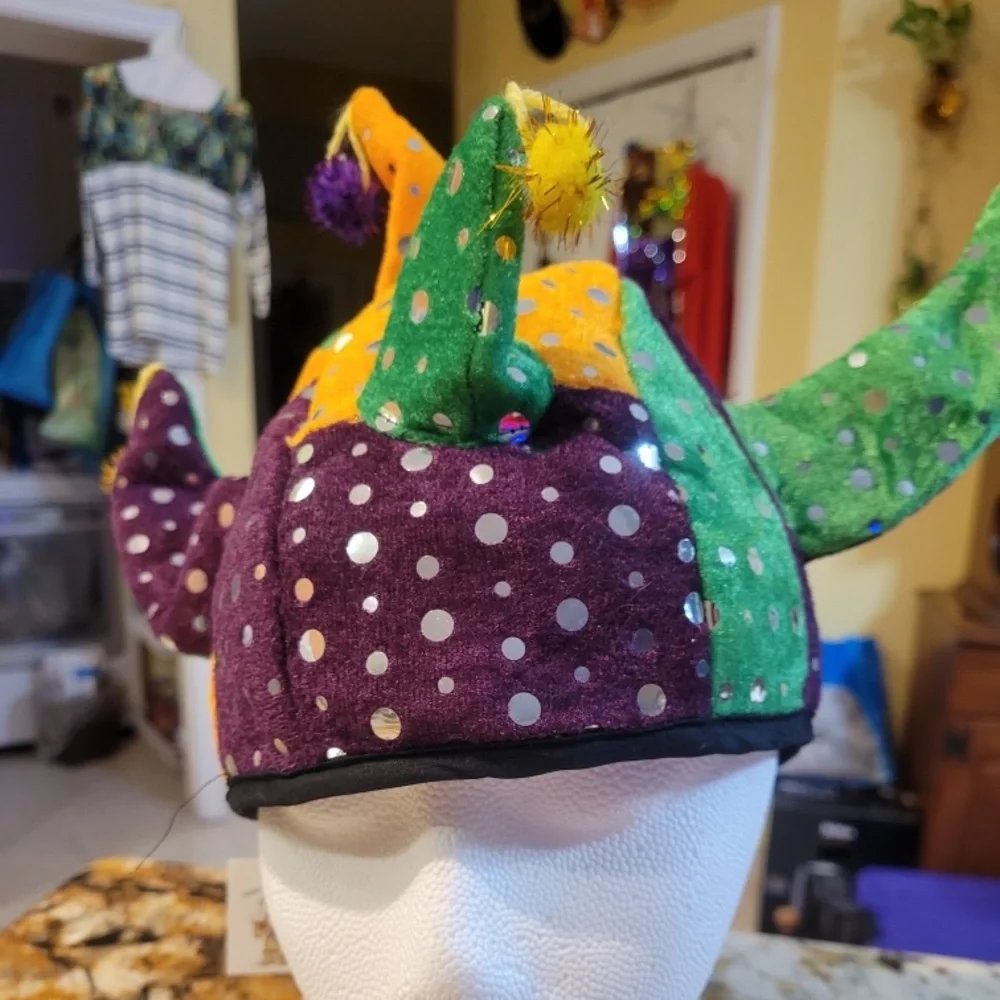 NEW - Mardi Gras Jester hat in purple gold green and sequin embellishment & tail